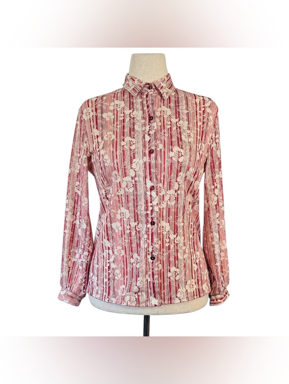 1970s Vintage Shirt 70s Blouse Button Down Medium Maroon Cream Long Sleeve Red